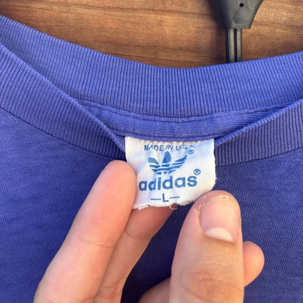 80s Adidas Graphic T-Shirt Mens L Purple Vintage Made in USA Trefoil Distressed